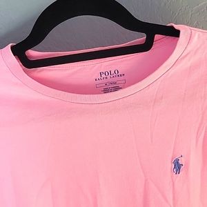 Polo t-shirt crew neck pink w/blue stitched pony on front left chest Looks New